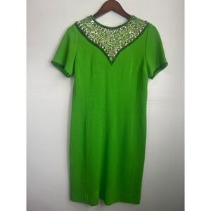 Robinson's Vintage Wool Shift Dress Green Size 14 60s Mod Sequin Beaded Cocktail